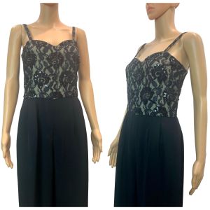Black Wide Leg Jumpsuit w Lace Beads and Sequins | XSmall - Fashionconservatory.com