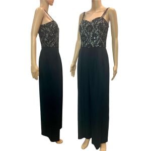 Black Wide Leg Jumpsuit w Lace Beads and Sequins | XSmall