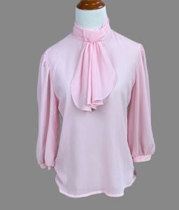 Vintage 70s Deadstock Sheer Pink Back Button Blouse by Notations, Size 8