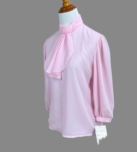 Vintage 70s Deadstock Sheer Pink Back Button Blouse by Notations, Size 8 - Fashionconservatory.com