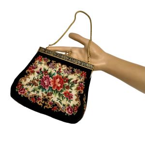 50s 60s Black Small Tapestry Needlepoint Bag w Chain Strap  - Fashionconservatory.com