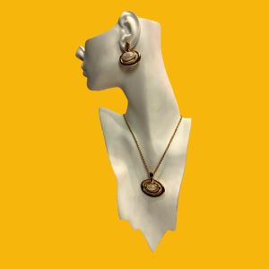 80s Large Gold Oval Pendant Necklace & Earrings Set w Faux Moonstone Centers - Fashionconservatory.com