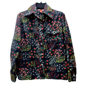 70s Women's Nylon Wind Shirt Colorful Floral on Black  - Fashionconservatory.com