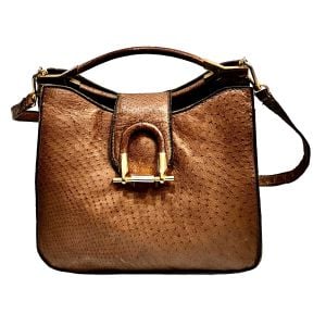 1970s / Early 1980s Brown Ostrich Leather Top Handle Bag - Fashionconservatory.com
