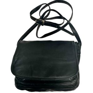 90s Black Leather Organizer Shoulder Bag – Multi-Compartment Crossbody Travel Purse