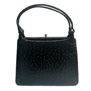 50s 60s Black Ostrich Leather Top Handle Frame Bag - Fashionconservatory.com