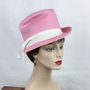 Vintage 70s Pink and White Ladies Straw Fedora by Oleg Cassini