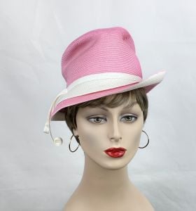 Vintage 70s Pink and White Ladies Straw Fedora by Oleg Cassini - Fashionconservatory.com