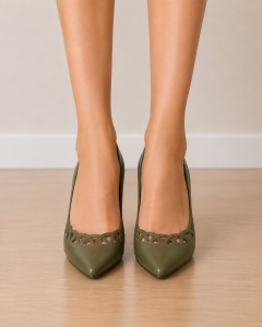 1950s Mario Valentino Olive Green Leather Stiletto Heels, Shoes, Braided Trim, Size 7 - Fashionconservatory.com