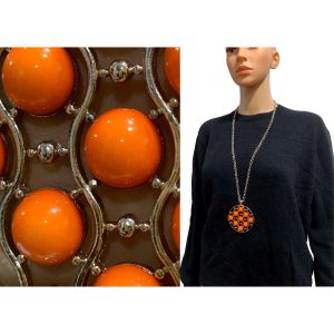 70s Mod Silver & Orange Lucite Large Pendant Necklace | 2.5'' Diameter - Fashionconservatory.com