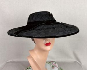 Vintage 40s Black Sheer Open Crown Wide Brim Hat - Fashionconservatory.com