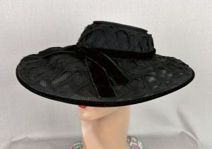 Vintage 40s Black Sheer Open Crown Wide Brim Hat