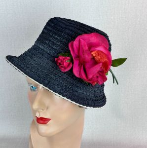 Vintage 1950s Navy Blue Open Crown Straw Hat