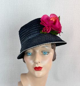 Vintage 1950s Navy Blue Open Crown Straw Hat - Fashionconservatory.com