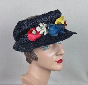 Vintage 40s Navy Blue Straw Open Crown Hat with Floral Wreath - Fashionconservatory.com