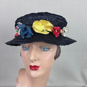 Vintage 40s Navy Blue Straw Open Crown Hat with Floral Wreath