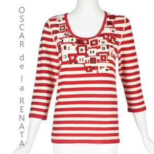 OSCAR de la RENTA Red & Ivory Striped Embellished Resort '08 Sweater SZ M/L NWOT