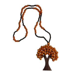 Vintage Boho Wood Bead Orange Tree Long Necklace Pendant | Bali - Fashionconservatory.com