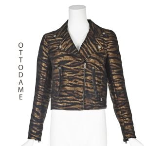 OTTOD'AME Bronze & Black Tiger Print Moto Jacket with Black Leather Trim SZ US 8