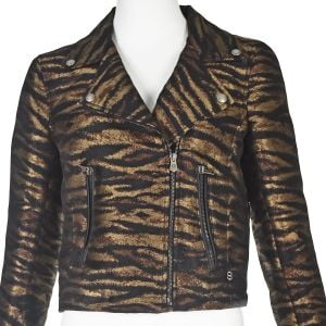 OTTOD'AME Bronze & Black Tiger Print Moto Jacket with Black Leather Trim SZ US 8 - Fashionconservatory.com