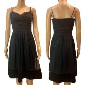 Y2K Black Silk Chiffon Dress Velvet Trim XS 4