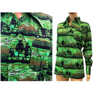 intage 70s Martini Green Novelty Fishing Print Polyester Shirt XS - Fashionconservatory.com