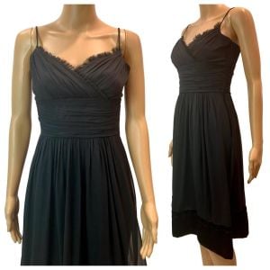Y2K Black Silk Chiffon Dress Velvet Trim XS 4 - Fashionconservatory.com