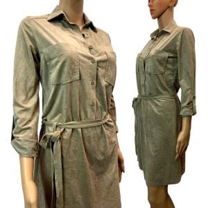 Y2K Soft Ultra Suede Safari Style Shirt Dress Tie Belt | Khaki Tan | XS