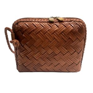 80s Cognac Brown Woven Leather Shoulder Bag 