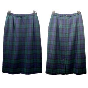 80s Blue & Green Tartan Plaid Straight Skirt w Pockets