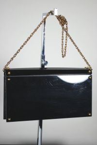 Black lucite clutch 70s shoulder bag gold studs chain strap - Fashionconservatory.com