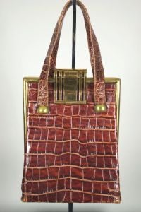 Alligator-textured brown leather handbag 1940s purse - Fashionconservatory.com