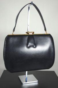 Black leather frame handbag 1950s 60s top handle bag purse