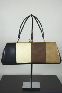 Color blocked neutrals vinyl frame handbag 1960s bag purse