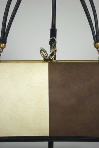 Color blocked neutrals vinyl frame handbag 1960s bag purse - Fashionconservatory.com