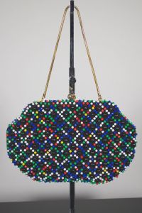 Caviar beaded black multi-color handbag 1960s clutch chain handle 