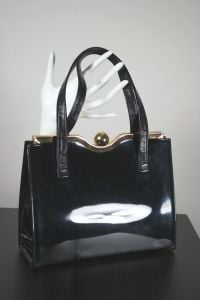 Black patent vinyl frame handbag 1960s purse top handles