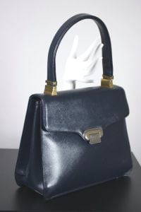 Textured blue leather handbag 1960s mod style adjustable strap - Fashionconservatory.com