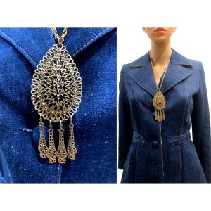 70s Antique Gold Large Boho Filigree Pendant Necklace