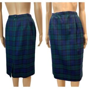 80s Blue & Green Tartan Plaid Straight Skirt w Pockets