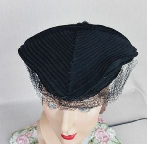 Vintage 1940s Black Triangular Tilt Hat, Paul Revere Style, B Forman - Fashionconservatory.com