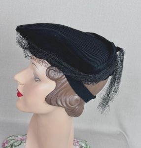 Vintage 1940s Black Triangular Tilt Hat, Paul Revere Style, B Forman