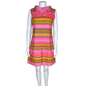 Vintage 1960s Mod Skort Dress Neon Striped Culottes Romper Size L