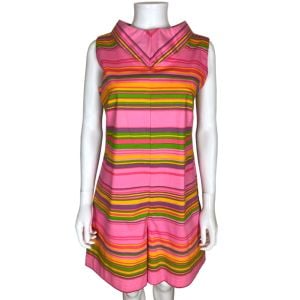 Vintage 1960s Mod Skort Dress Neon Striped Culottes Romper Size L - Fashionconservatory.com