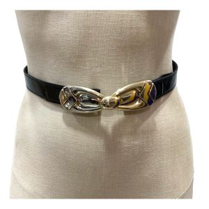 70s 80s Black Patent Belt with Gold Silver Bow Buckle  - Fashionconservatory.com