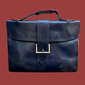 70s Dark Blue Leather Satchel Bag | Silver Hardware | Designer Handbag Brief Satchel