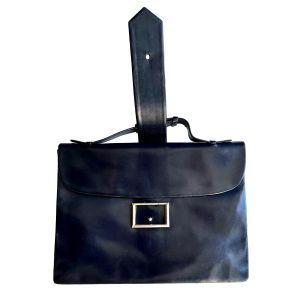 70s Dark Blue Leather Satchel Bag | Silver Hardware | Designer Handbag Brief Satchel - Fashionconservatory.com