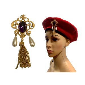 80s Large Baroque Pin Brooch Gold with Pearls & Purple Cabochon and Tassel