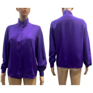 80s Purple Silky Pleated Tuxedo Blouse High Collar | XS/S Petite  - Fashionconservatory.com