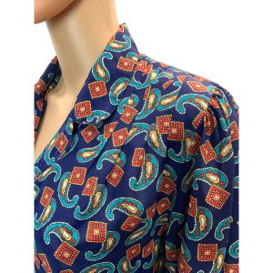 80s Silky Paisley Scarf Print Blouse | Blue Teal Red & Gold | XS/S - Fashionconservatory.com